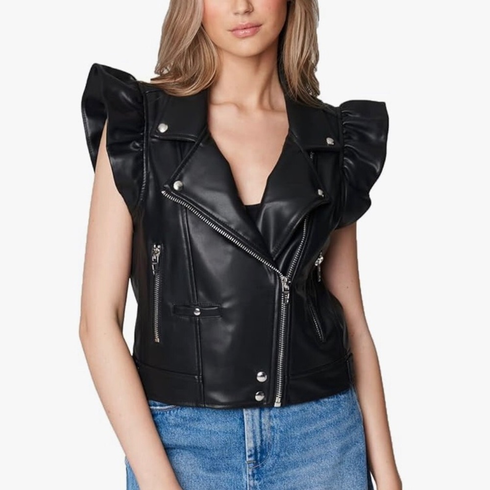 Blank NYC biker faux leather vest, ruffle shoulder size L
